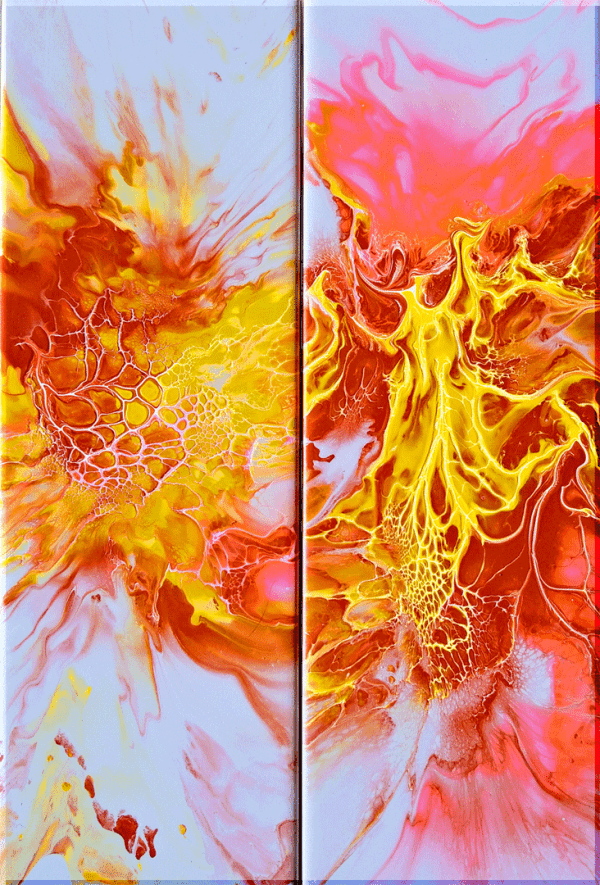 Subway set of tiles, high gloss resin finish, with heart and fire theme, acrylic fluid art.