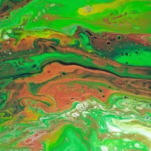 Vibrant, vivid colours in green and metallic bronze, abstract fluid art on canvas.