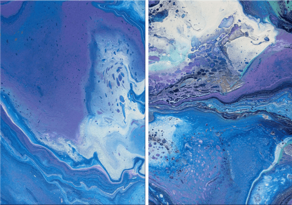 Cool blues and metallic silver in two A3 artworks on 950gsm recycled card.